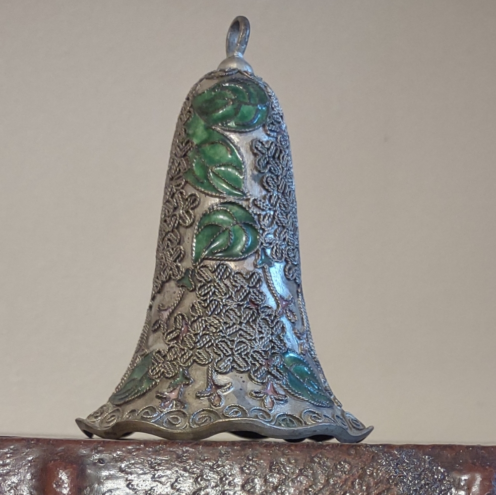 Beautiful Vintage Pewter Bell Ornament Cloisonne Enameled Leaves & Flowers EUC